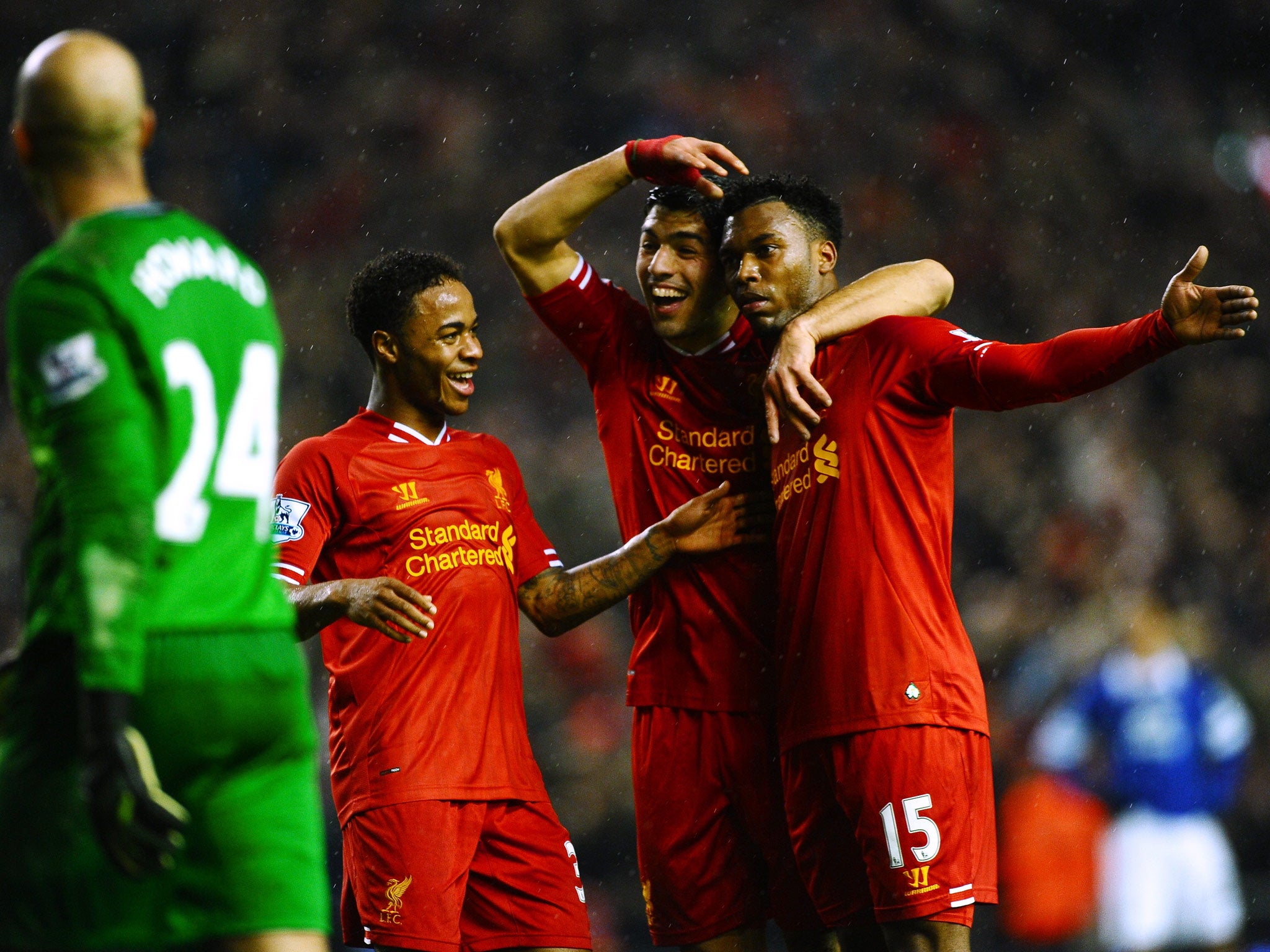 Daniel Sturridge celebrates his second goal against Everton